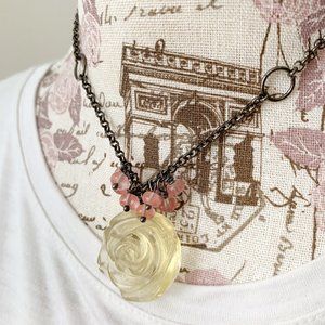 Vintage Handmade Dark Metal Pink Bead Yellow Flower Necklace